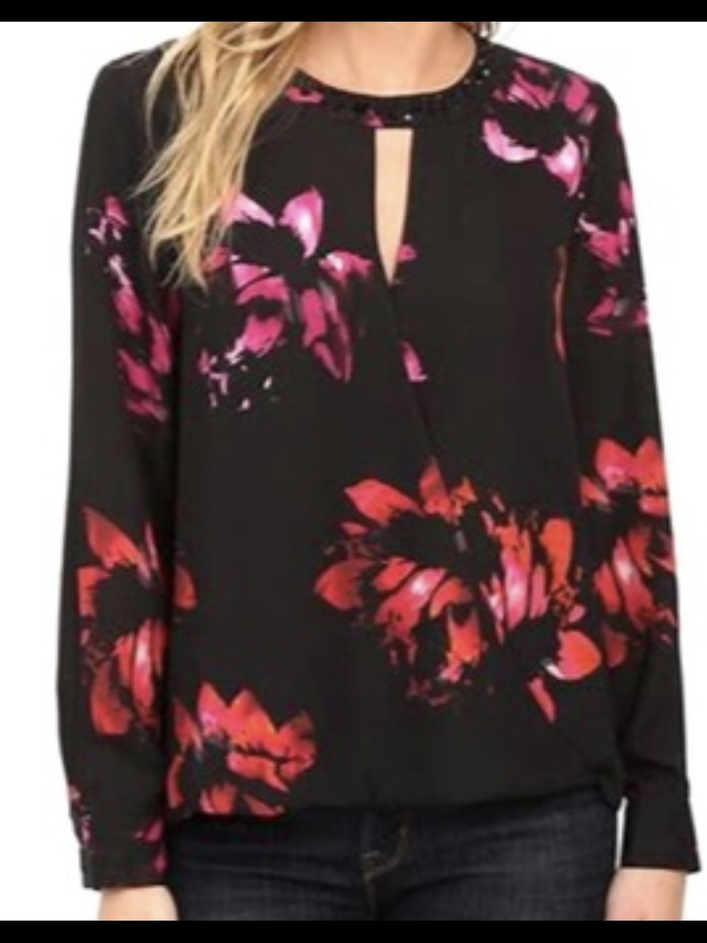 Vince Camuto Black Blouse with Pink and Red Floral Print